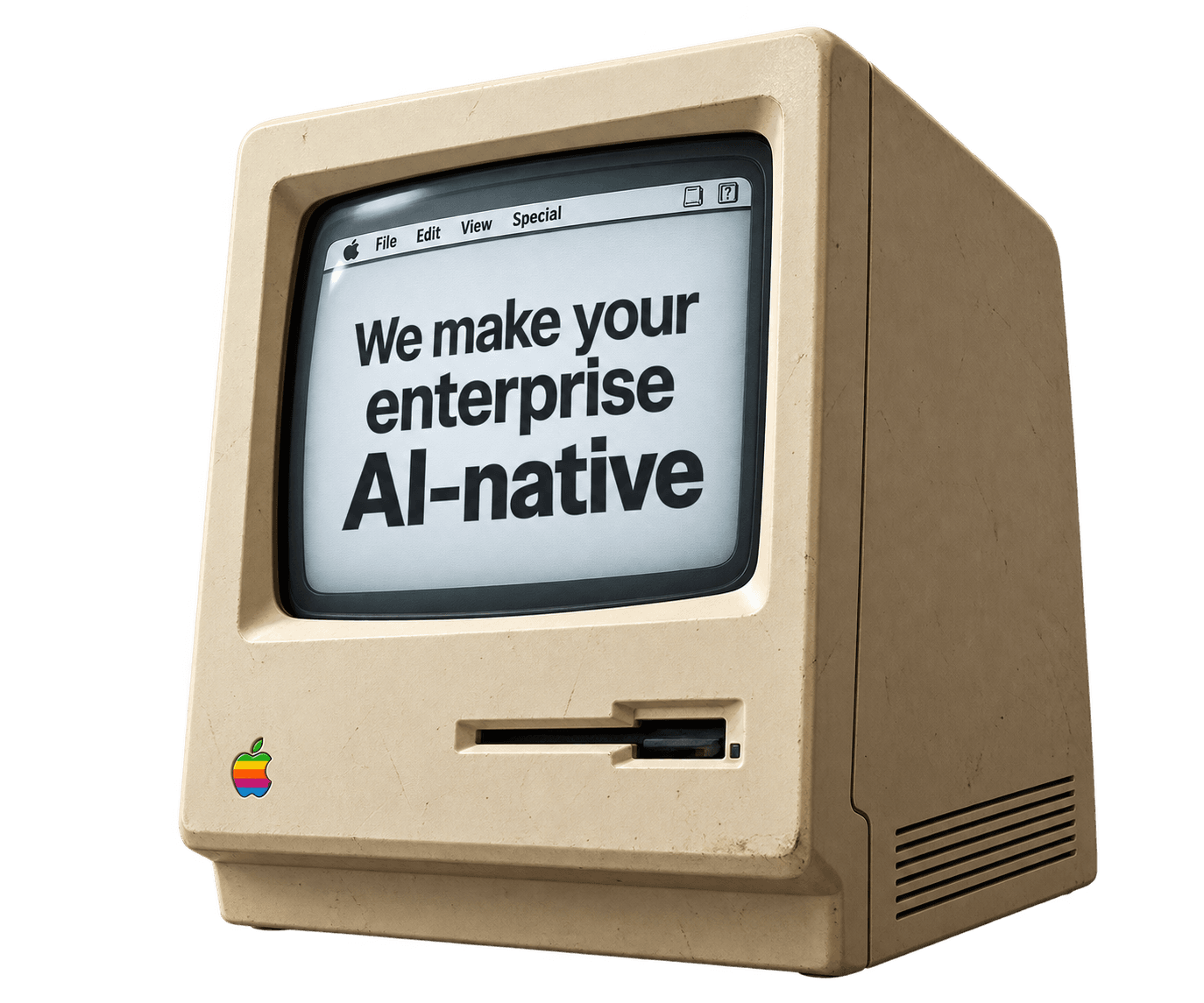 A classic Macintosh whose screen reads: We make your enterprise AI-native